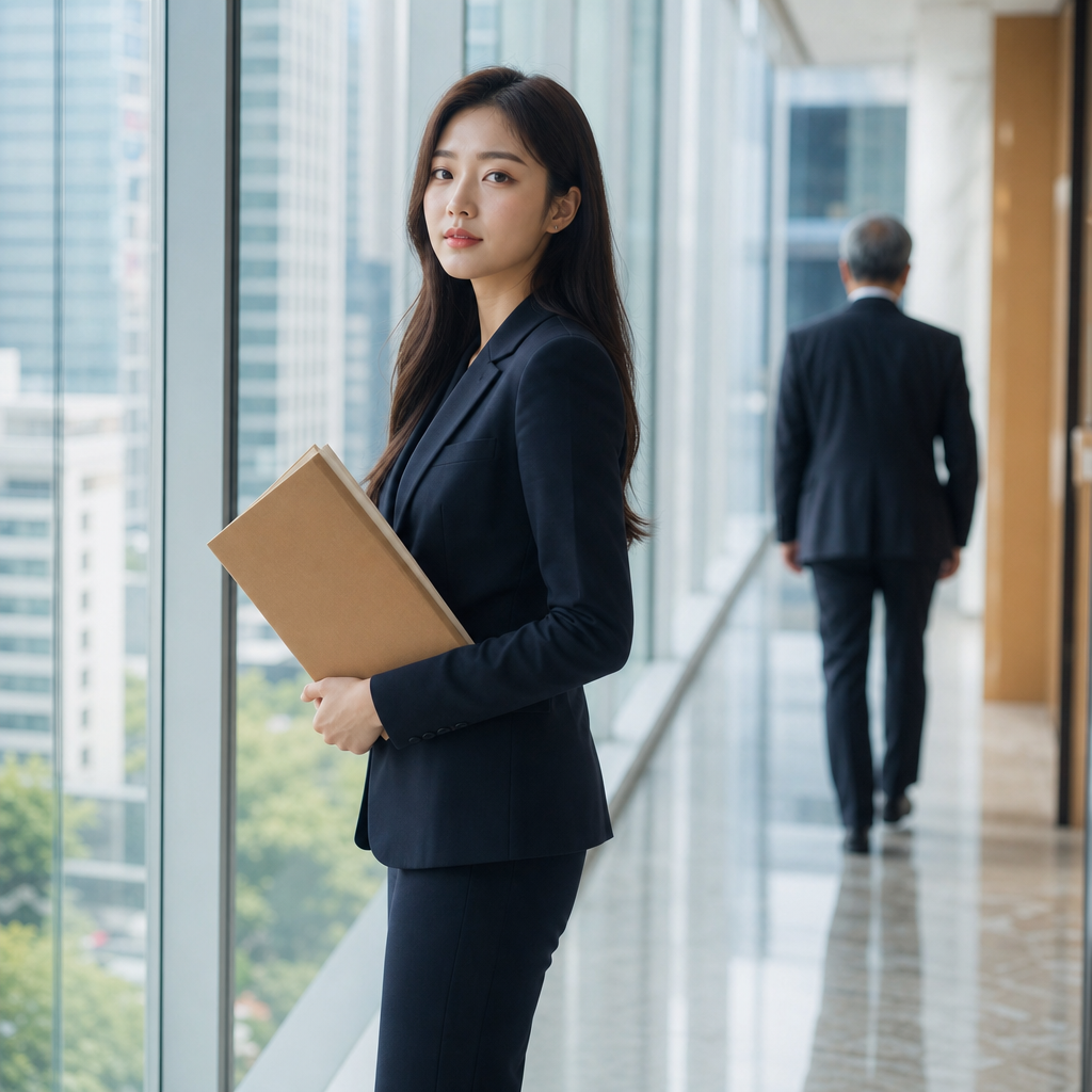 A rookie Korean lawyer holding a case file in a modern Seoul law firm corridor