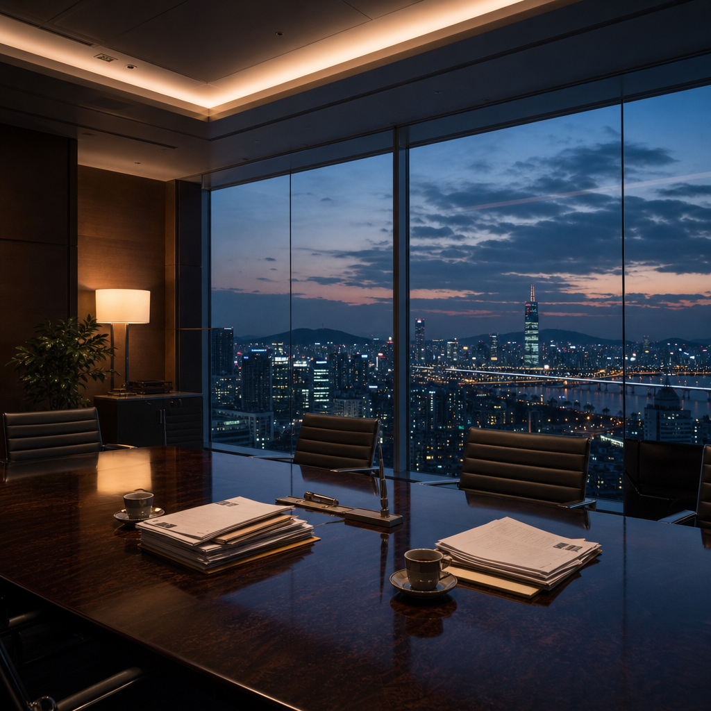A law firm meeting room at dusk with legal documents and the Seoul skyline