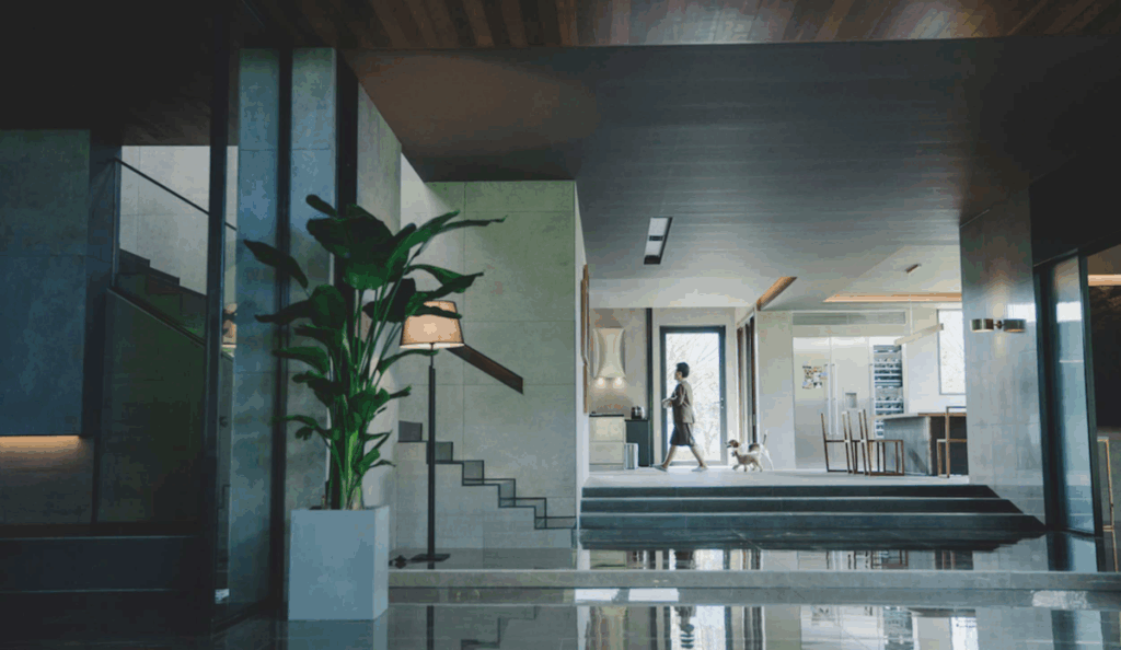 Modern Korean luxury house interior with large glass windows and minimalist design