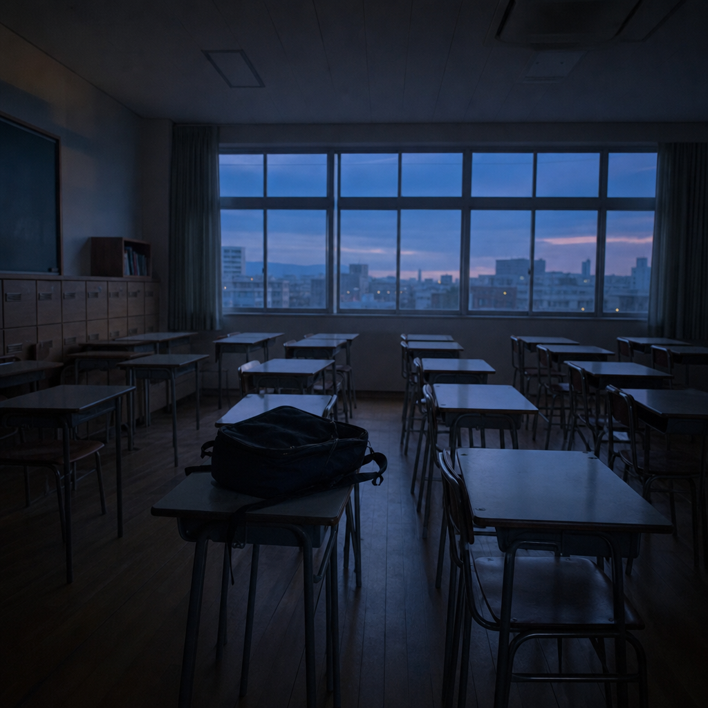 An empty Korean classroom at dusk with a backpack left on a desk