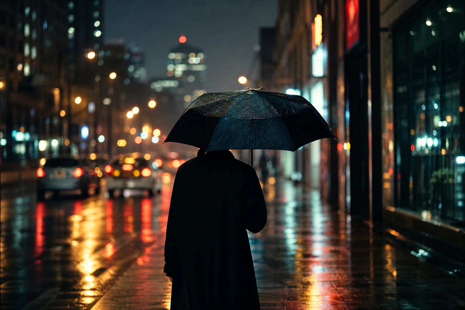 Rainy night street with umbrella