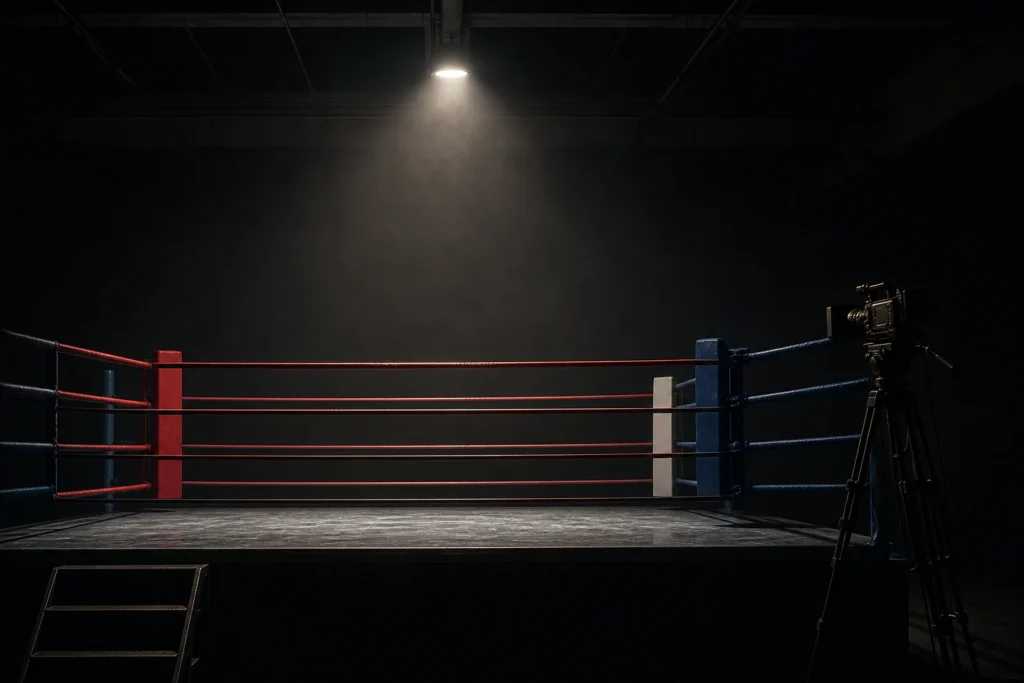 Empty boxing ring with a film camera