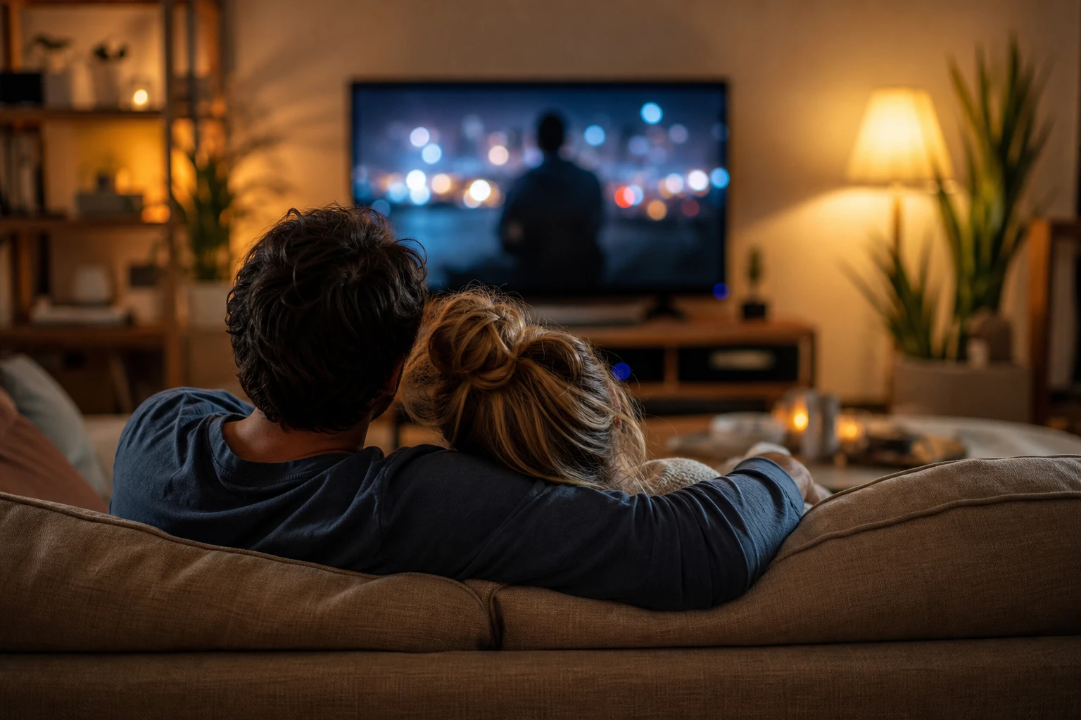 Couple watching a drama at home in the evening