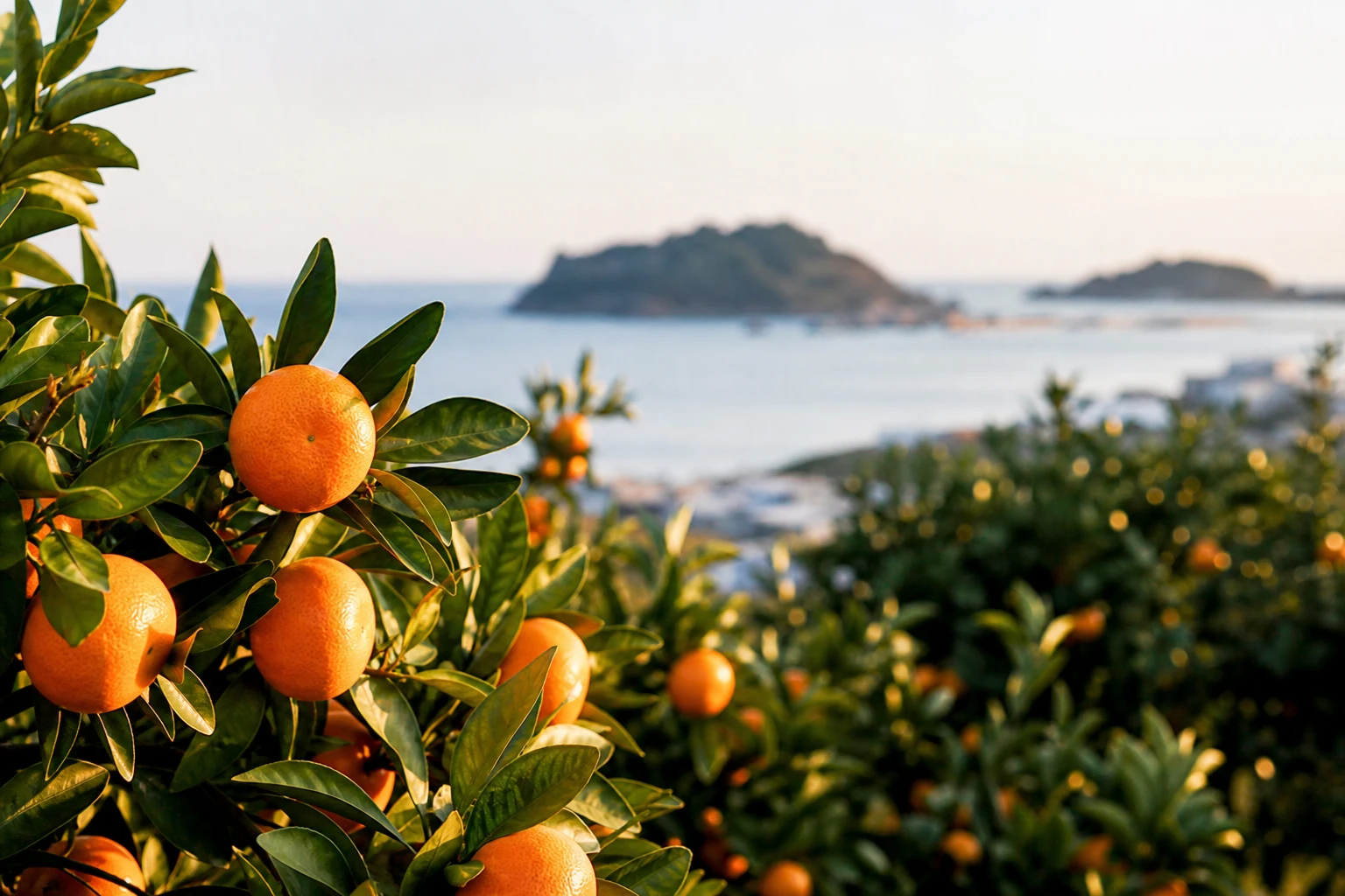Tangerine orchard by the sea on a Korean island
