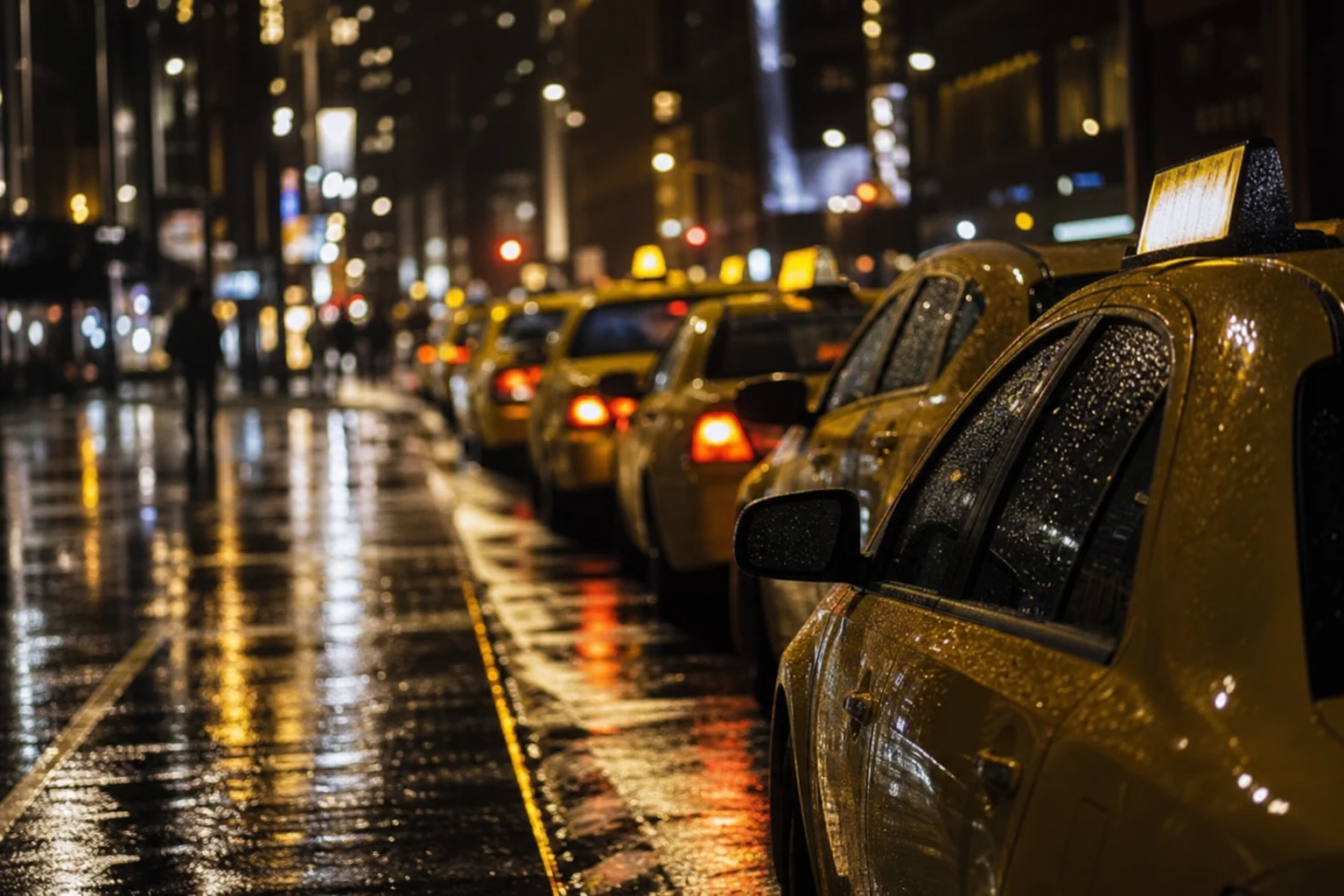 Rainy night street with taxi light reflections