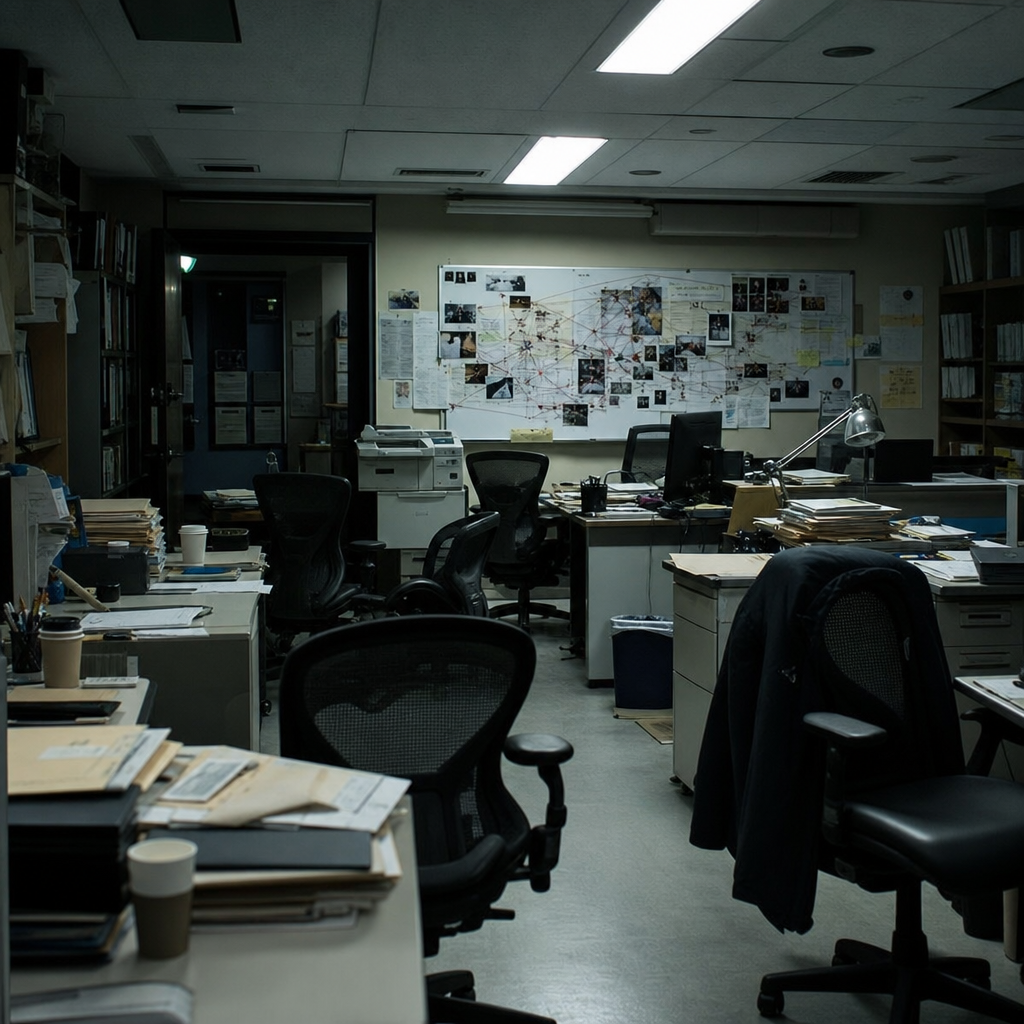 A Korean police violent crimes squad room at night with case files and a pinboard
