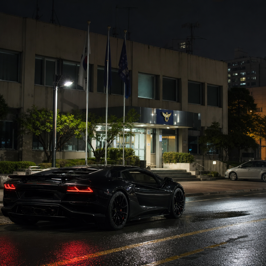 A luxury sports car parked outside a Korean police station at night