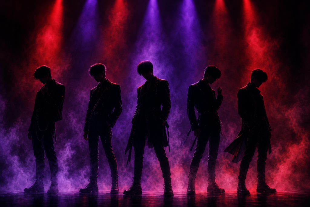 Five silhouetted figures under red stage lights