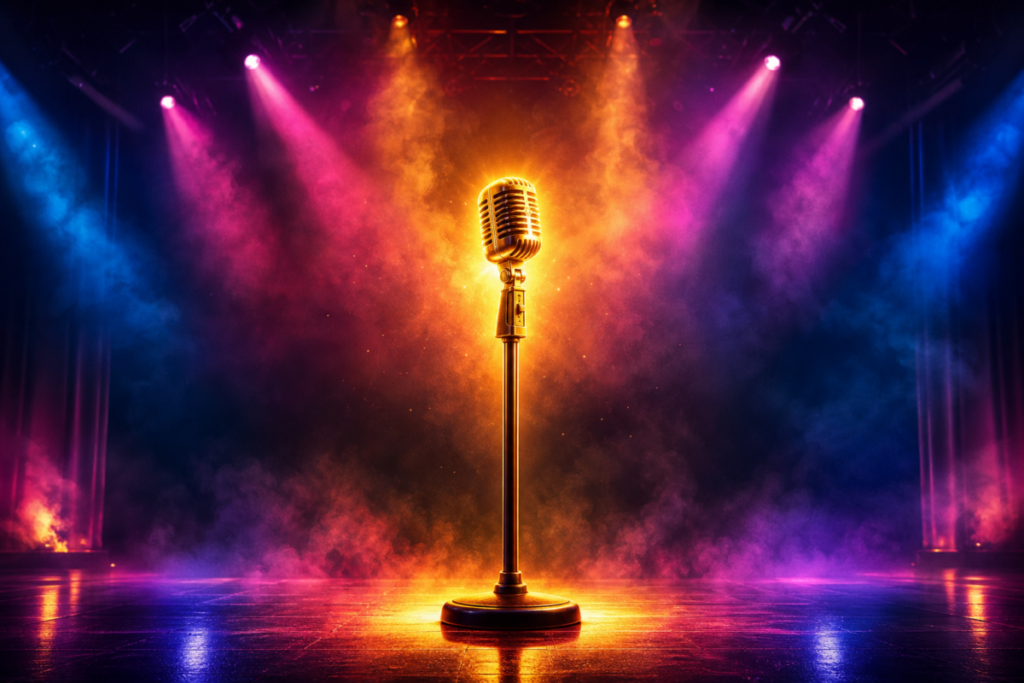 A glowing microphone at the centre of an empty stage