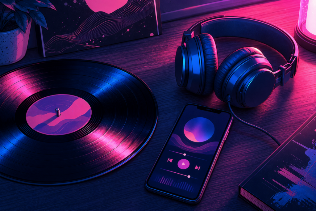 A vinyl record and headphones under neon lighting