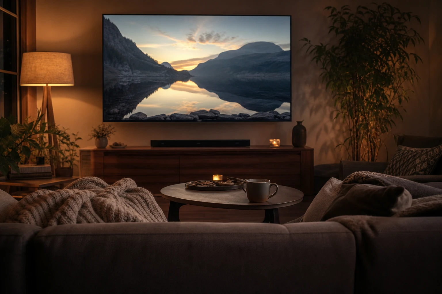 Cozy living room at night with a glowing television, streaming mood