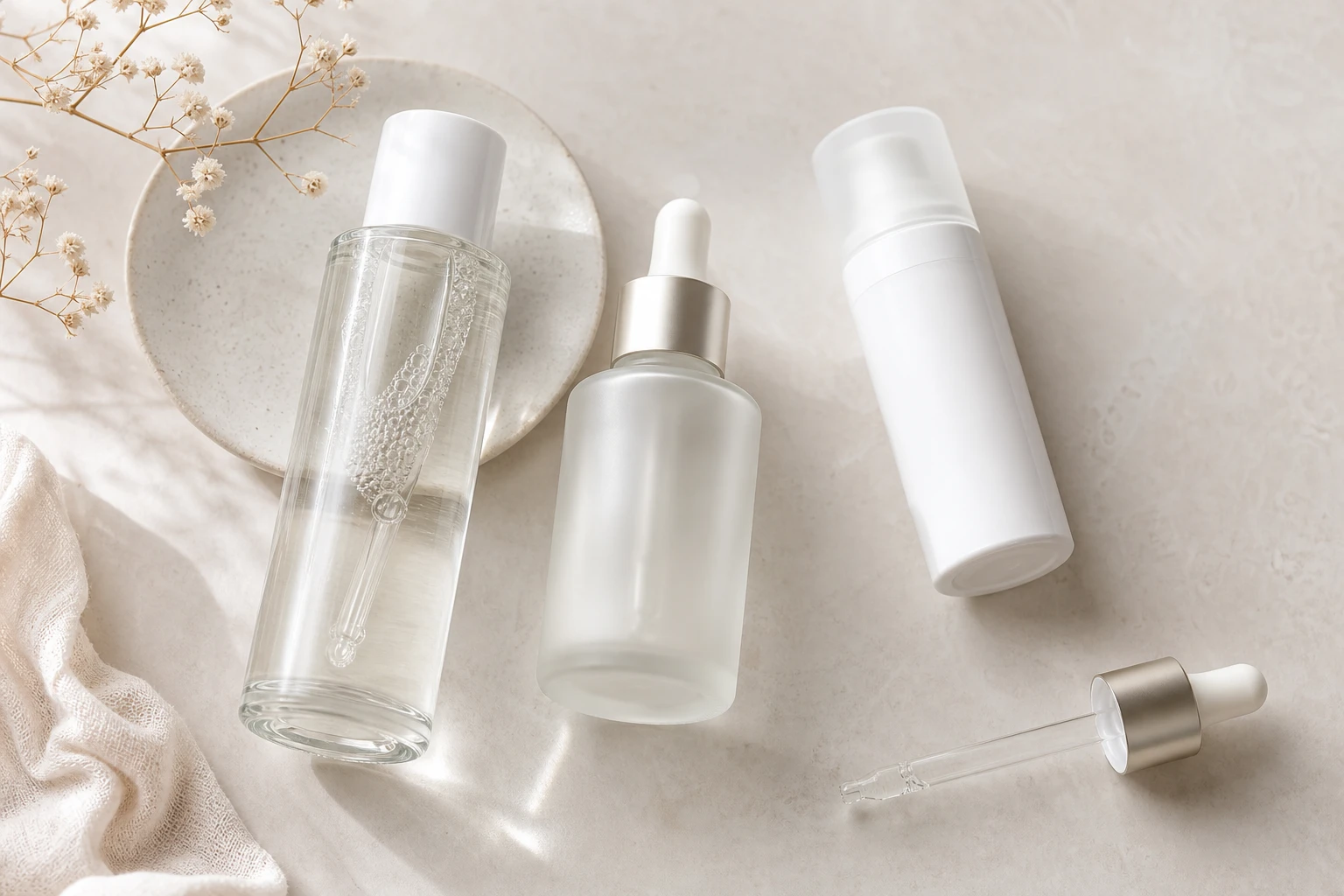 Korean skincare bottles flat lay
