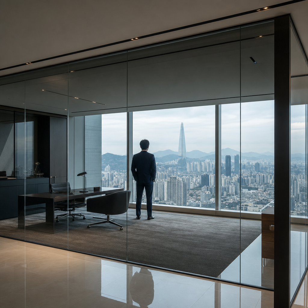 A glass-walled executive office overlooking the Seoul skyline