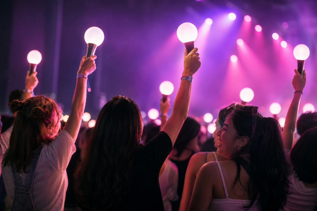 Fans holding glowing light sticks under pink and purple stage lights