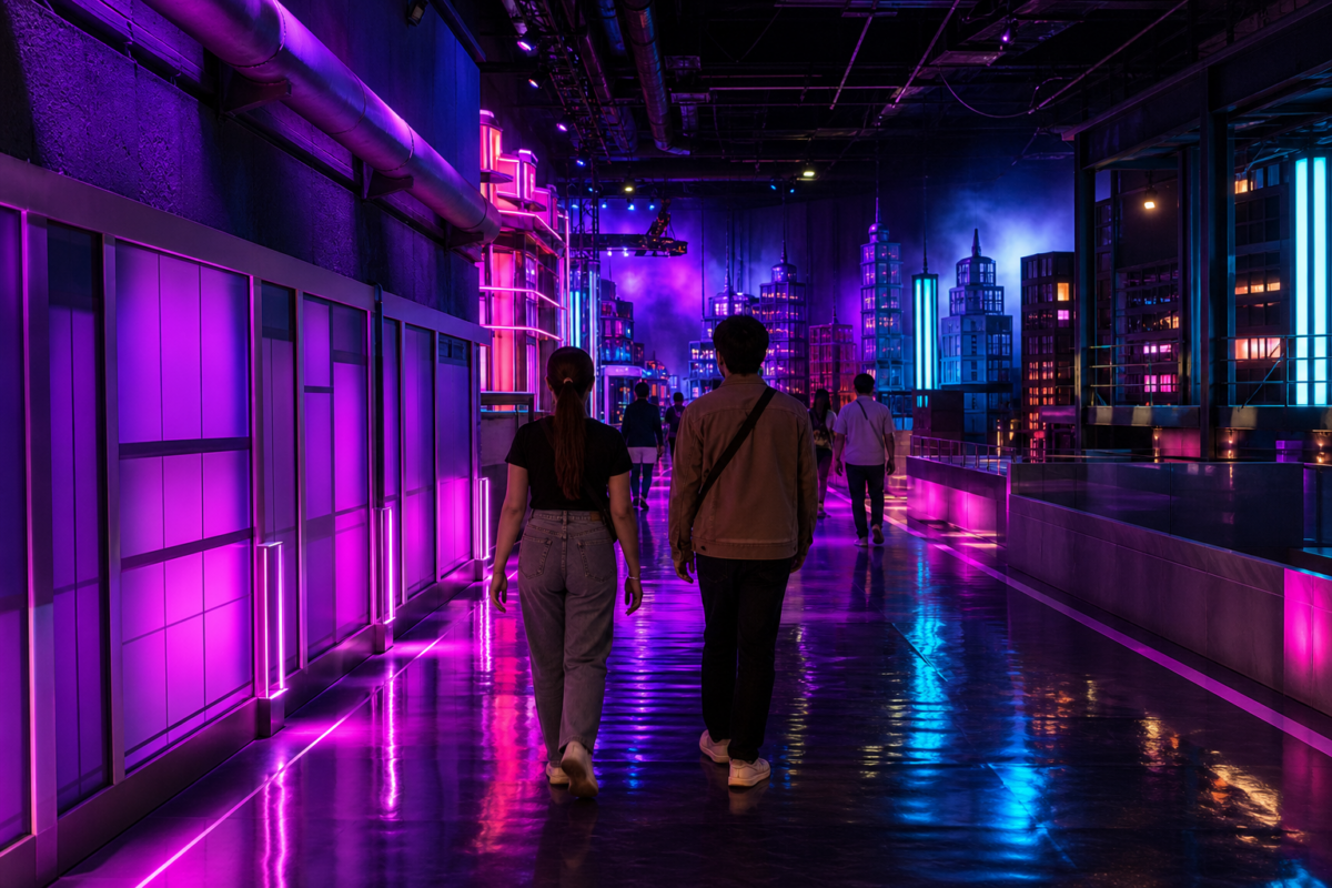 Visitors walking through a neon-lit immersive attraction corridor with city rooftop sets