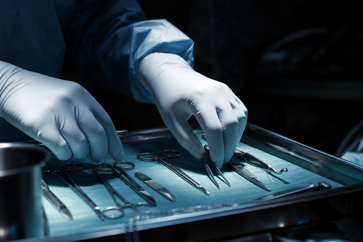 Gloved surgeon hands arranging steel surgical instruments on a tray, evoking the surgery scenes in Hyper Knife