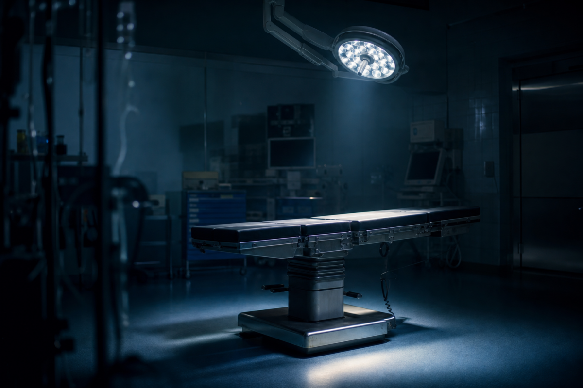 Empty operating room lit by a single surgical lamp, setting the dark mood of the medical thriller Hyper Knife