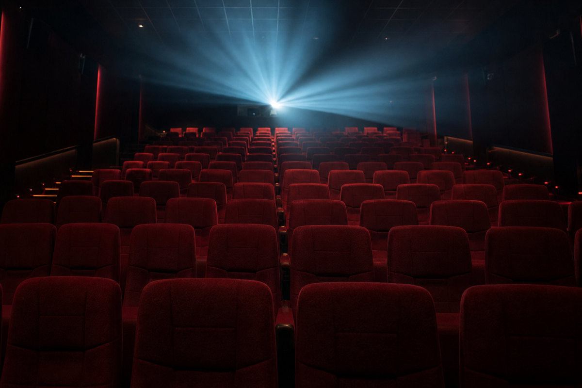 Empty cinema auditorium with red seats under a projector beam, representing where to watch Hope in theaters