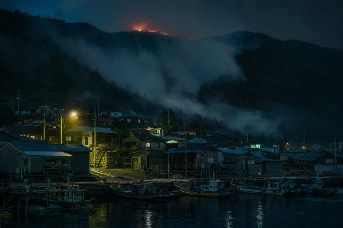 Foggy Korean fishing harbor village at night with a wildfire glowing on the mountain ridge, evoking the setting of Na Hong-jin's Hope