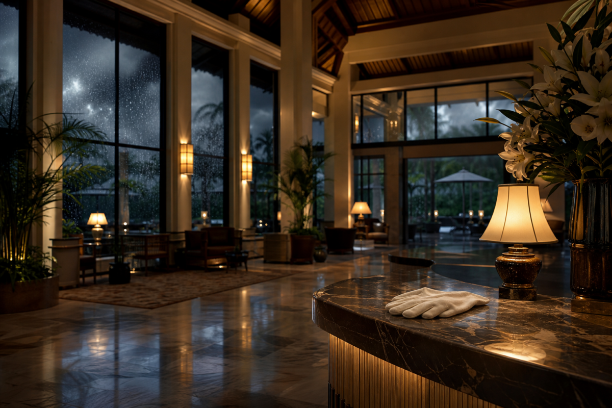 Empty resort hotel lobby at night during a storm, with a pair of white gloves on the reception counter