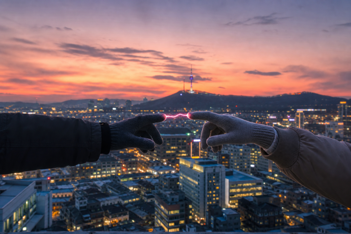 Seoul skyline at dusk with two gloved hands about to touch and a small pink electric spark between them