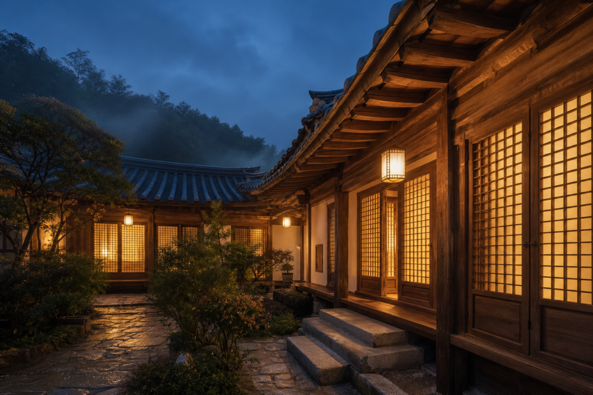 Traditional Korean hanok courtyard at dusk with glowing paper doors and hanging lanterns