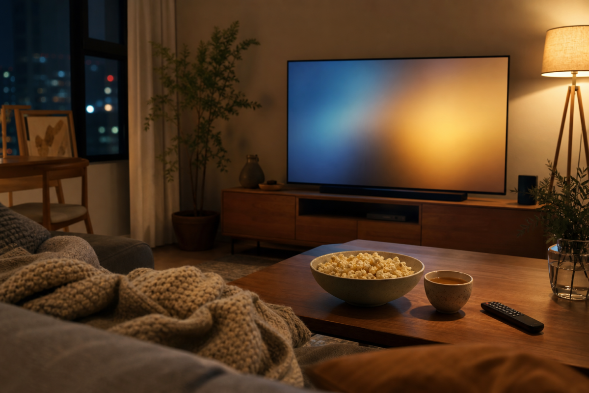 Cozy living room at night with a glowing TV, popcorn and a knit blanket, set up for a K-drama binge