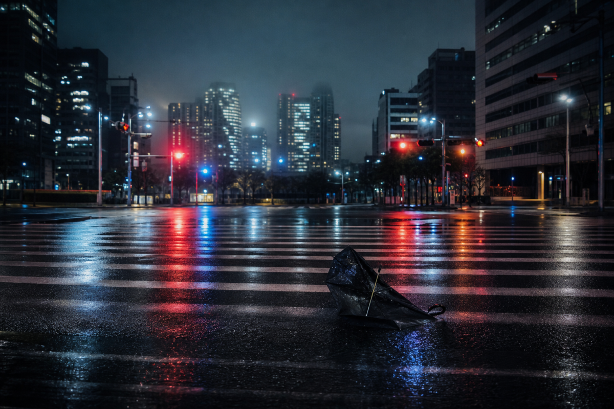 A deserted Seoul crosswalk on a rainy night with an abandoned umbrella, hinting at season 2's move to the city
