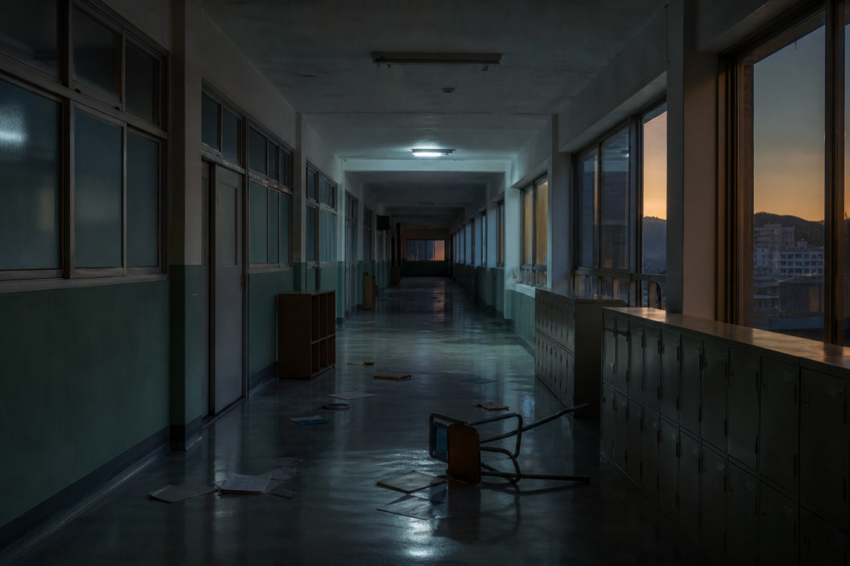 An empty high school corridor at dusk with an overturned chair and scattered papers, evoking the Hyosan High outbreak