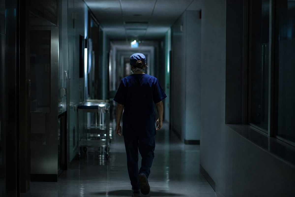 A quiet university hospital corridor at night, the setting of Doctor X: Mafia in White