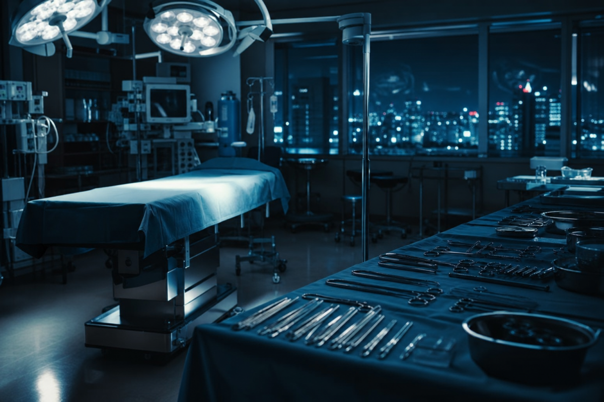 A surgeon in scrubs under bright operating room lights, evoking the surgical drama of Doctor X