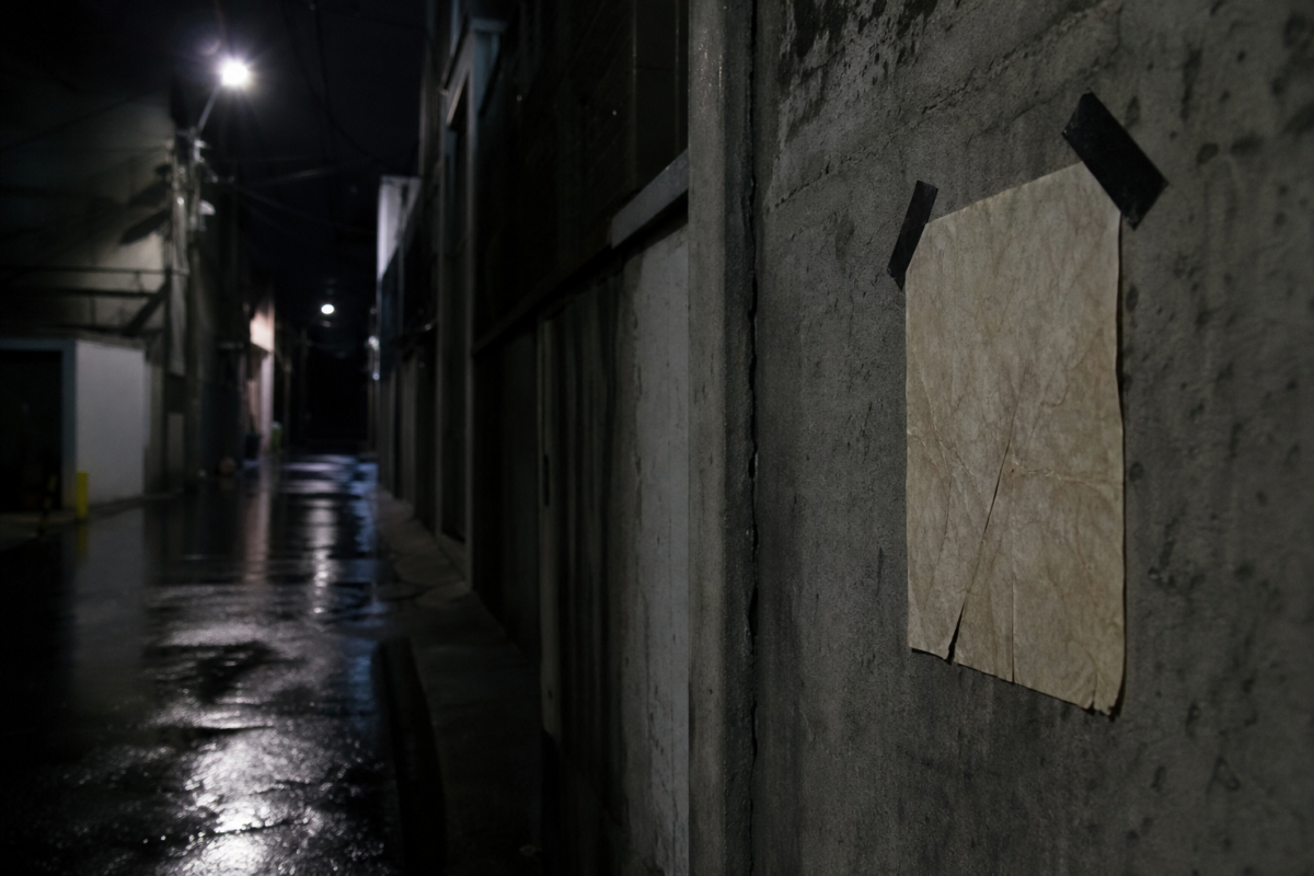 Rain-soaked Seoul alley at night with a blank flyer taped to a wall