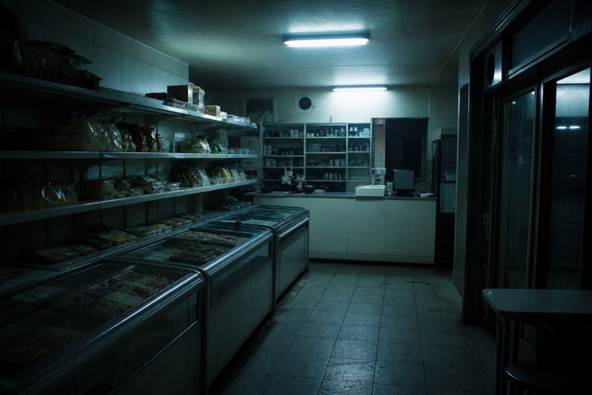 Empty convenience store at night under cold fluorescent light